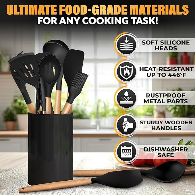 14 Pcs Black Kitchen Utensils Set with Holder for Nonstick Cookware - Silicone Cooking Utensils Set, Kitchen Tools for Daily Cooking - Wooden Handle Cooking Tools for Baking Serving and Mixing Tasks