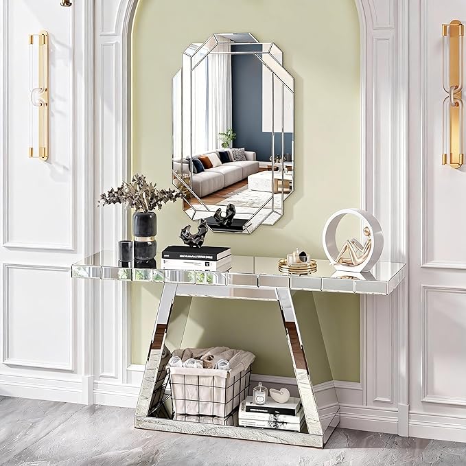SSLine 2-Piece Set Mirrored Console Table with Wall Mirror, 55" Modern Mirror Entryway Table with Trapezoid-Shape Base, 35.8"x23.8" HD Mirror for Entryway Hallway