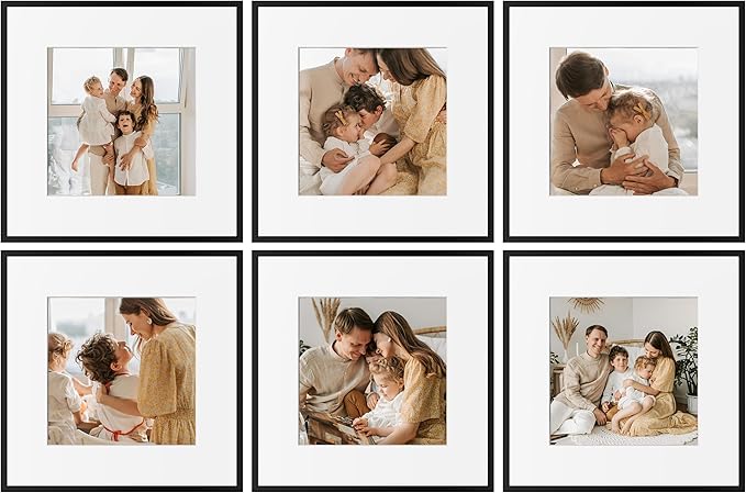 eletecpro Aluminum Gallery Wall Frame Set of 6 with Glass Cover, Black | 12 x 12 Metal Photo Frames Display 8x8 Photo with Mat or 12x12 without Mat, Picture Frame Collage Wall Decor