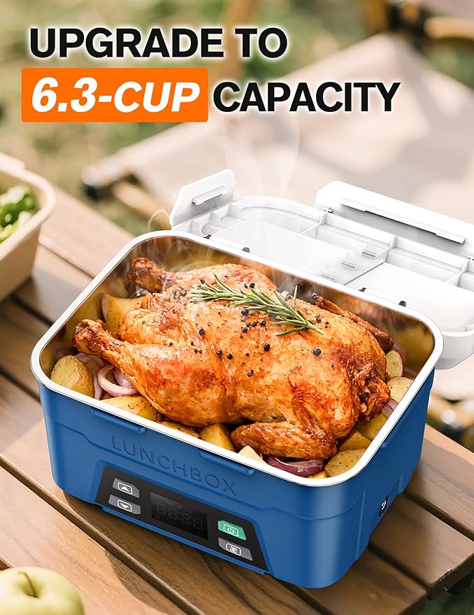 EAST OAK XL 6.3 Cups Cordless Electric Lunch Box for Adults, Heated Lunch Box Battery Powered with Automatic Heating, Portable Food Warmer with Removable Tray Divider