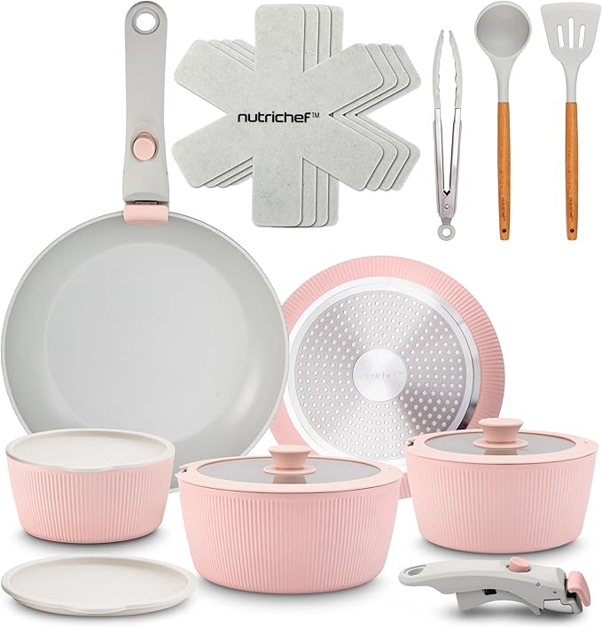 NutriChef 18-Piece Ceramic Cookware Set with Detachable Handles, Non Stick Pots and Pans, PTFE-Free Natural Ceramic Coating, Space-Saving Design, Oven & Stove Safe, Includes Utensils, Pink