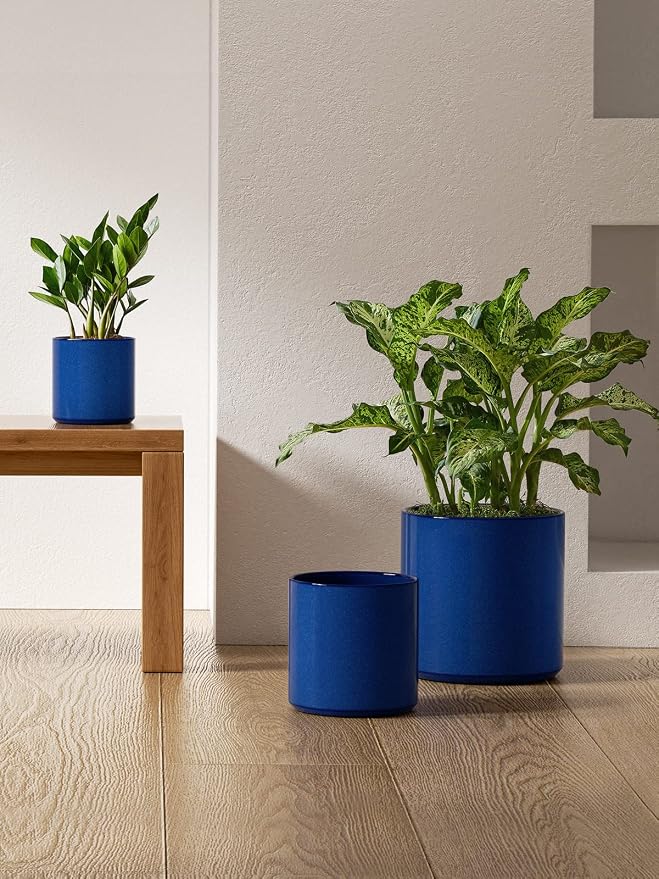 LE TAUCI 10+8+6 Inch Ceramic Pots for Plants, Indoor Planters with Drainage Hole and Plug, Modern Cylinder Flower Pots Set of 3 for Office and Living Room, Glossy, Midnight Blue