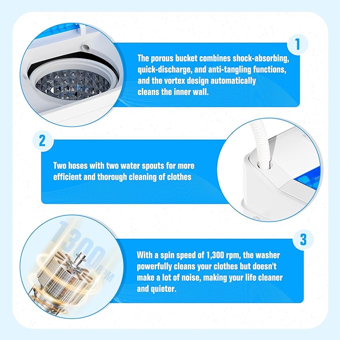 Pataku Portable Washing Machine, Compact Twin Tub Mini Washing Machine, 17.6 LBS Washer and Dryer Combo with Soaking Function, Semi-Automatic for Apartment, Dorms, RVs, Camping (White & Blue)