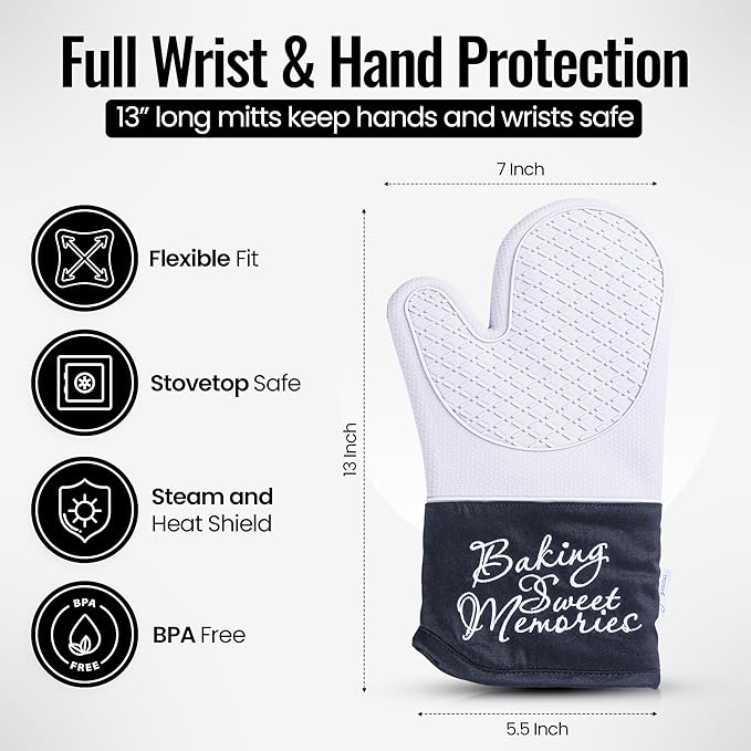Mitts - Long Slip Resistant Pot Holders - Silicone Oven Mitts - Baking Gloves for Oven - Perfect for Baking, BBQ, Cooking, and Grilling, Oven Mitts Set of 2, 7''x13'' (Grey)