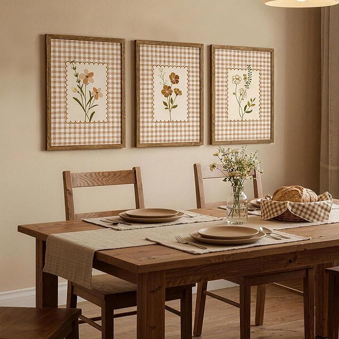 JLTULT Farmhouse Botanical Wall Art Set of 3, Neutral Brown Cottagecore Floral Prints, Wood Framed Wall Decor for Bedroom Living Room Nursery Hallway, 12x16 Inches Each, Ready to Hang
