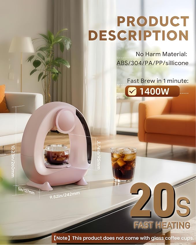 3 in 1 Single Serve Coffee Maker for K Cup Pink, Ground and Tea Leaves, Mini K Cup Coffee Brewer with One Button Operation, 1400W 20s Fast Heating,Compact for Small Spaces-Glass not included