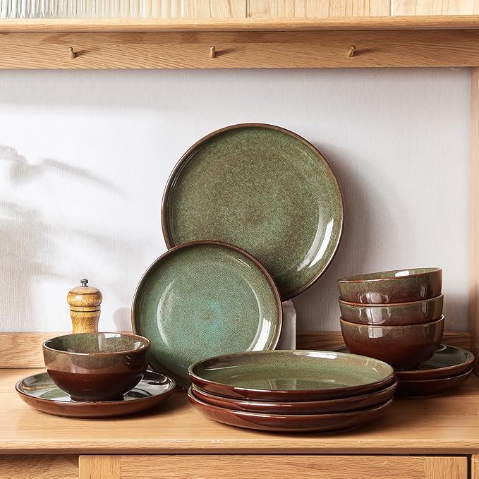 Pokini Stoneware Dinnerware Sets for 6, 18 Pieces Ceramic Plates and Bowls Sets, Chip and Scratch Resistant Dish Set, Dishwasher & Microwave Safe Plate Set, Brown Green