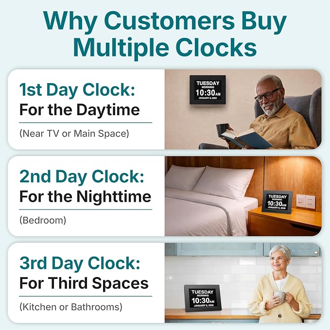 American Lifetime Large Digital Wall Clock for Seniors, Black Polished, 8-Inch High Resolution Display, Easy to Read, Customizable Alarms, Auto-Dimming, Multi-Language Support, Battery Backup