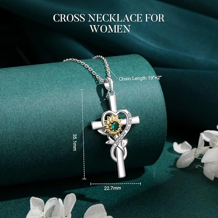 Iefil Mothers Day Gifts for Wife Mom - Sunflower Cross Necklace, 925 Sterling Silver Birthstone Necklace for Women Wife Mom
