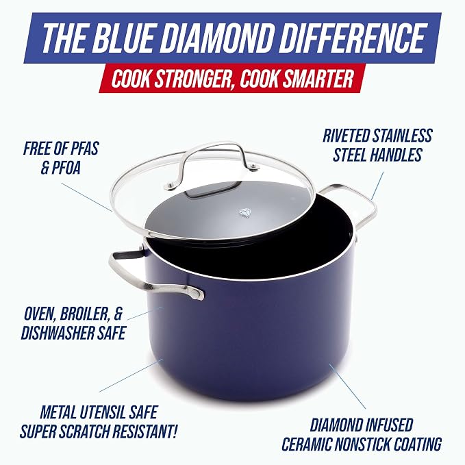 Blue Diamond 8QT Diamond Infused Ceramic Nonstick Stockpot with Lid, Blue | PFAS-Free Ceramic Nonstick Multipurpose Pot, Dishwasher & Oven Safe, Durable Metal Utensil Safe, Soups, Glass Lid