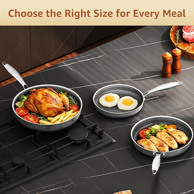 LOLYKITCH Frying Pan Set Nonstick, 8/10/12 Inch Stainless Steel Cookware Set Skillet with Detachable Handle, Induction & Oven Safe, Professional Non-Toxic PFOA Free Pans for Everyday Cooking