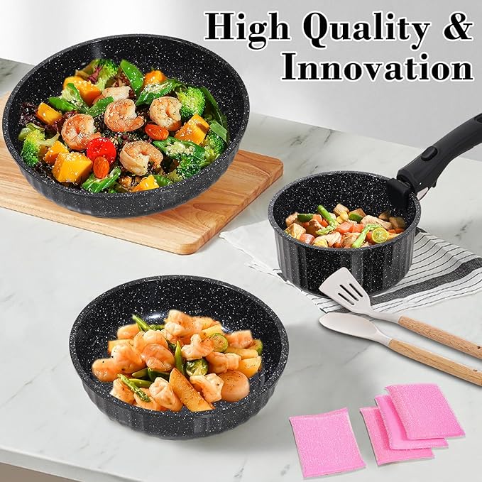 Vivicreate 11 Piece Pots and Pans Set Nonstick with Removable Handle, Induction Cookware, Stackable Kitchen Set for RV Camping Apartment, Frying Pan and Saucepan (Black)