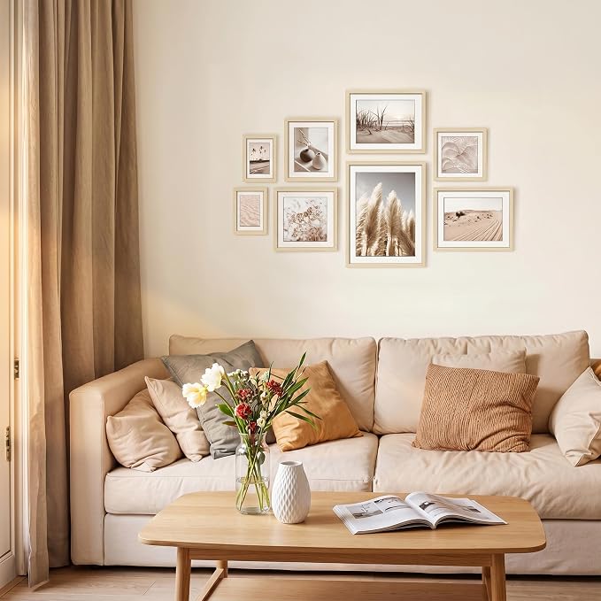 ArtbyHannah Gallery Wall Frame Set, 8 Pack Picture Frames Collage Wall Decor with Neutral Pampas Grass Art for Living Room, Assorted Size Including 11"x14", 8"x10", 5"x7"(Beige Frame)