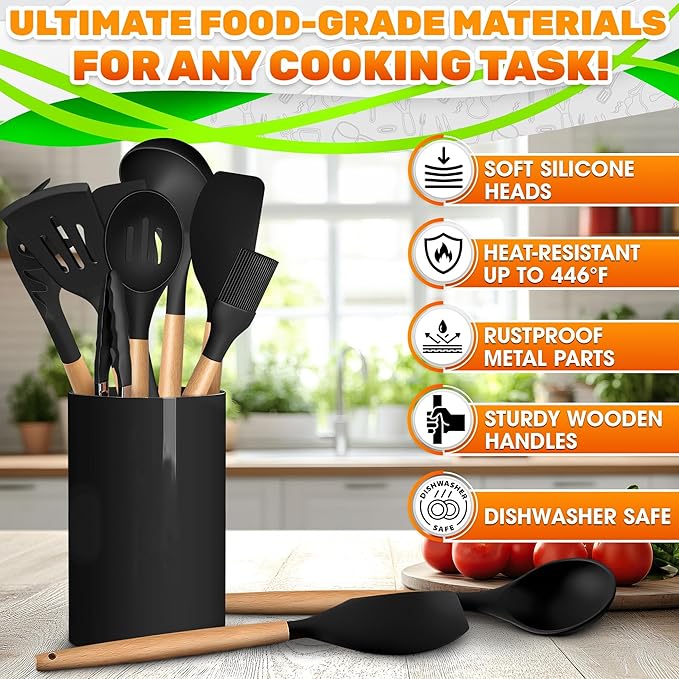 14 PCs Black Silicone Cooking Utensils Set with Holder - Versatile Kitchen Utensils with Sturdy Wooden Handles - Heat Resistance Silicone Kitchen Utensil Set with Holder for All Cooking & Baking Needs