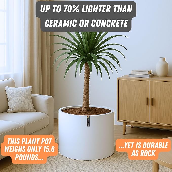 Fox & Fern Large Indoor Planter, Modern Large Plant Pot for Indoor or Outdoor, UV and Frost Resistant - 18.7 Inch, Matte White Flower Pot with Drainage Plug, Lightweight
