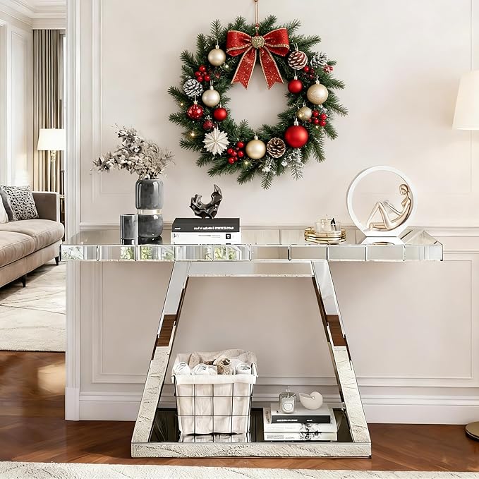 SSLine Mirror Console Table for Living Room 55" Modern Mirrored Entryway Table with Crystal Trapezoid Base Luxury Glass Foyer Tables for Entryway Hallway