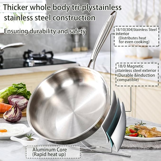 DELARLO Tri-ply Stainless Steel Frying Pan with Lid 10.3Inch | Heavy Duty, Compatible with All Cooktop, up to 600℉, Fast & Even Heating, PTFE & PFOA Free, Oven Safe Skillet