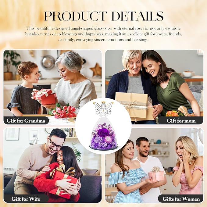 Mothers Day Roses Gifts for Mom Forever Preserved Real Roses Flowers in Glass Angel Figurines Fresh Flowers for Delivery for Grandma Women Mom Wife from Daughter/Purple