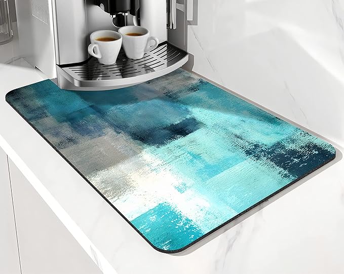 Coffee Bar Mat Accessories for Countertop Turquoise Abstract Art Absorbent Hide Stain Rubber Backed Dish Drying Mats for Kitchen Counter Draining Pad decor Gift Fit Under Coffee Maker (20x12in)