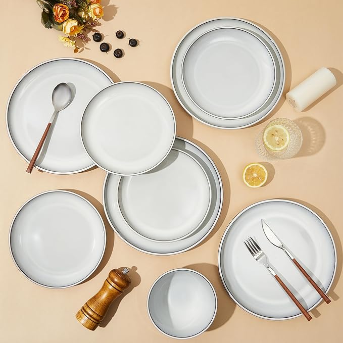 Pokini 18 Piece White Stoneware Dinnerware Set for 6, Santorini Mist Terracotta Plates and Bowls with Reactive Glaze, Microwave & Dishwasher Safe, Aesthetic Ceramic Dishes for Family Meals & Hosting