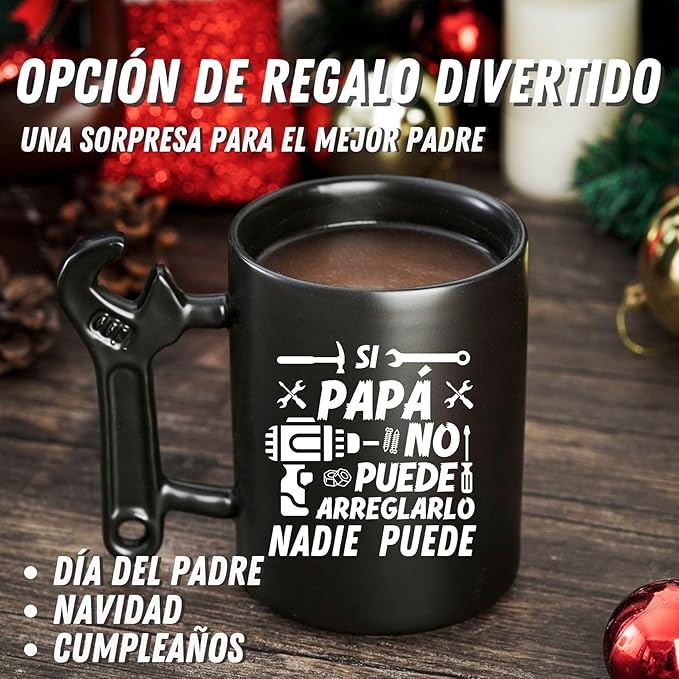 Onebttl Dad Gifts Coffee Mug with Wrench Spanner Handle, Gifts for Dad from Daughter and Son, 13.5oz Funny Ceramic Mug for Father on Birthday, Father's Day, Christmas - Spanish Dad, Regalos para papá
