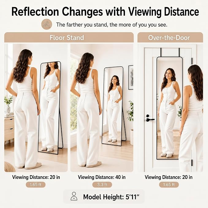 SCWF-GZ 57x20 Full Length Mirror Over The Door Hanging, Floor Stand/Wall Mounted Aluminum Alloy Frame Dressing Mirror for Bedroom Living Room 57 inch Black