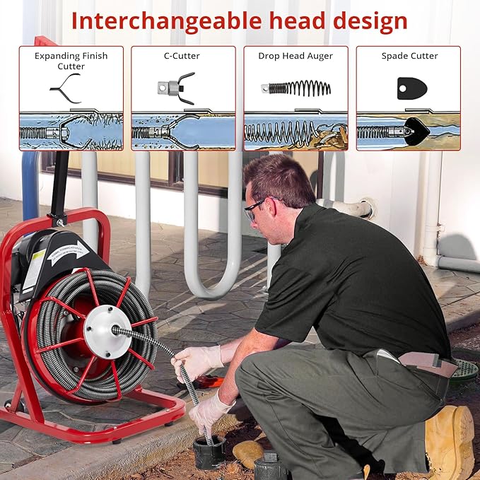 Electric Drain Cleaner Machine, 75FT x 3/8" Cable, 250W Auto-Feed Sewer Snake, 4 Interchangeable Cutter Heads, Air Foot Switch, Portable Auger for 1"-4" Pipes, Home and Commercial Use