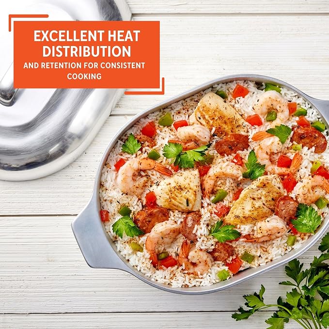 IMUSA 13 Inch Cajun Cast Aluminum Oval Roaster with Lid for Vegetables | Mirror-Polished Finish, Lid and Dual Side Handles, Roasting Meats, Great for Family Meals