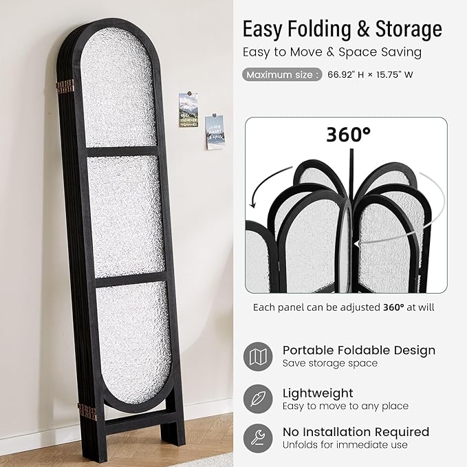 Acrylic Room Divider 6 Panel 67" Tall Arched Room Divider and Privacy Screen with Solid Paulownia Wood Frame, Freestanding Partition Divider for Room Separation, Home, Bedroom - Black