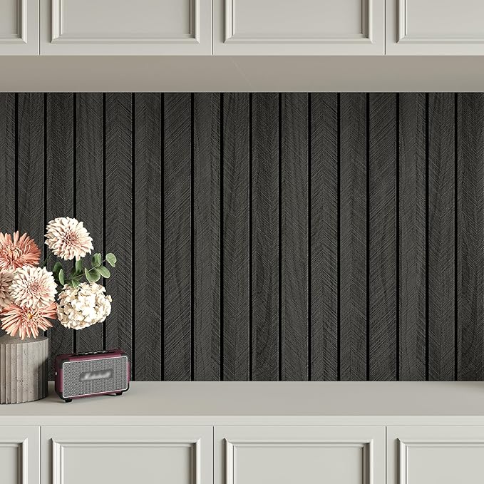 Wood Slat Wall Panel Grey Black 3D Wood Panels for Wall Decor Removable Shiplap Peel and Stick Wallpaper Acoustic Wooden Slat Wallpaper for Bedroom Cabinet Backsplash TV Background Ceiling