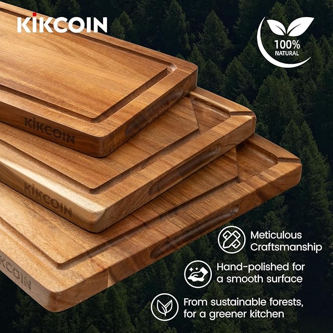 Kikcoin Acacia Wood Cutting Boards for Kitchen, 3 PCS Wooden Cutting Board Set with Holder, Chopping Board with Compartments and Juice Groove, Solid Charcuterie Boards Serving Tray Wood Butcher Block