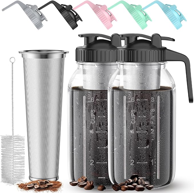 2 Pack 64 oz Cold Brew Coffee Maker Jar - Thick Glass Cold Brew Maker with Handle, Stainless Steel Filter & Leak-Proof Lid, Cold Brew Pitcher for Iced Coffee,Tea and Milk (2 Quart / 1.9 Liter)