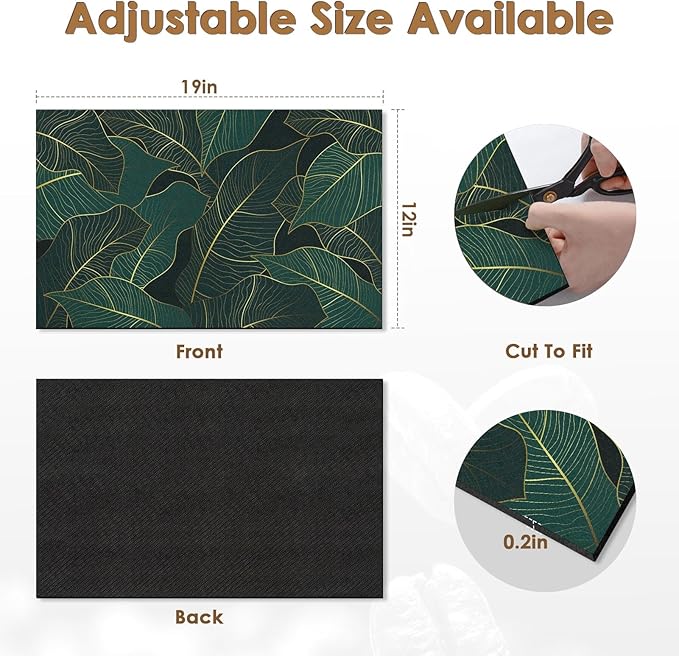 Arttown Coffee Mat for Countertop, Golden Banana Leaf Emerald Green Dish Drying Mat 2 Pcs for Kitchen Bar Accessories, Coffee Maker Espresso Machine Rubber Backed 12x19in