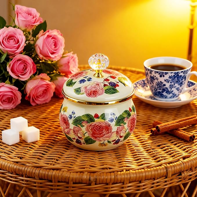 Floral Enamel Sugar Bowl Gold Ethnic Seasoning Jar Vintage Tea Canister Spice Box Retro Coffee Candy Storage Pot Bohemian Pink Flower Beige Salt Container Jar for Home Kitchen Decor