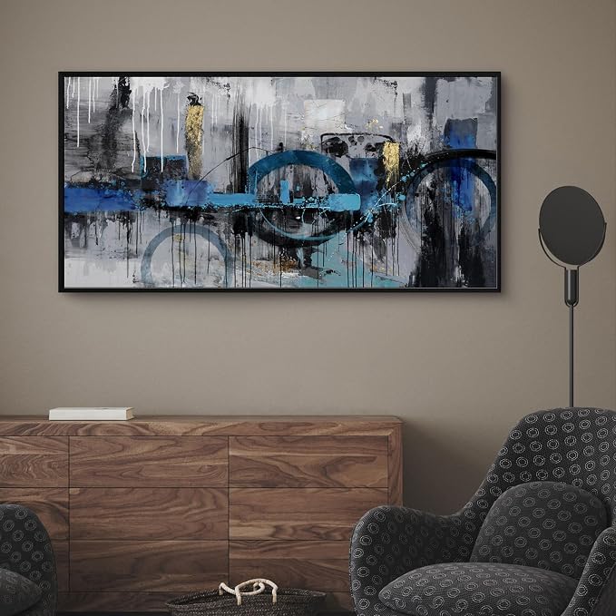 KLAKLA Abstract Wall Art - Blue and Gray Pictures Canvas Artwork for Living Room Bedroom Horizontal Black Framed Above Bed Wall Decor - 24x48