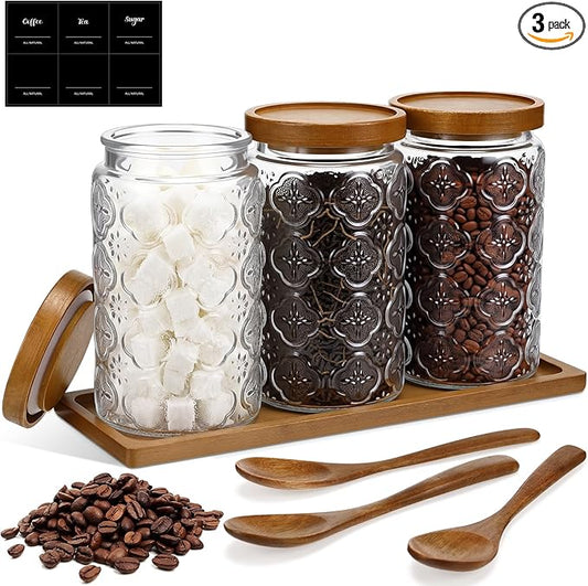 3 Pcs Glass Coffee Container Set with Wooden Lid Spoon Shelf Labels Clear Sugar Tea Airtight Jar Food Storage Canisters Set for Spice Holder Coffee Bar Gifts(Begonia,32 oz)