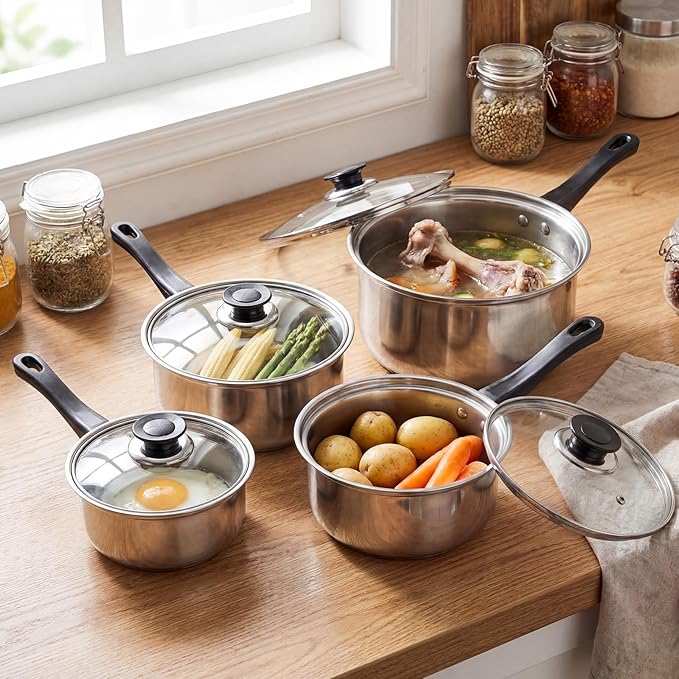 Hushee Stainless Steel Saucepan Set with Lids 8 Pcs, Sauce Pans 1QT, 2QT, 3QT, 4QT Tri-Ply Bottom Sauce Pot Set with Bakelite Handle, Induction Compatible Dishwasher & Oven Safe for Boiling Cooking