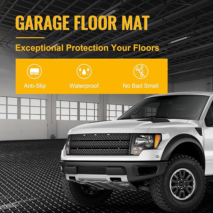 Grandroad auto 8x25 FT Garage Floor Mat, 2.8mm Thickened Flooring Roll for Under Car Diamond Plate PVC Rubber Mat with 20 Pcs Tapes, Non-Slip Floor Mat for Garage, Warehouse, Gyms, Trailer, Black