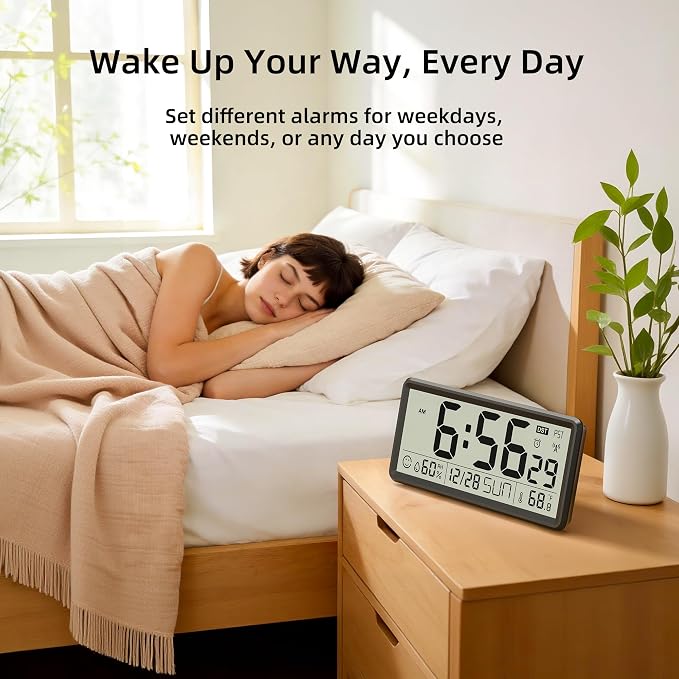 EASYERA 15'' Large Digital Atomic Wall Clock Battery Operated, Self-Setting | Indoor Temperature and Humidity, Large Display, Self-Setting,Auto DST,for Kitchen/Classroom/Living Room(Battery Not Included)