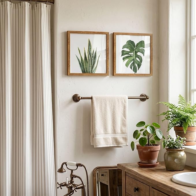 ArtbyHannah Framed Bathroom Wall Art Decor, 10x10 Inch 4 Pack Botanical Gallery Wall Frame Set Modern Farmhouse Sage Green Prints Artwork for Spa, Restroom, Bedroom, Office Decoration (Walnut)