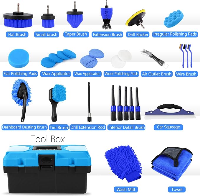 32Pcs Car Detailing Kit, Drill Brush Attachments with Detailing Brush Set and Tools Box, Blue Auto Cleaning Kit Interior for Dashboard, Wheels, Windows (C：32PCS-B)