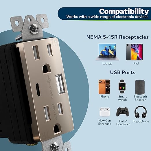 TOPGREENER 2-Port Outlet with Type C USB Charging Ports, 15 Amp TR Receptacle Plug, Electrical Socket, UL Listed, TU21536AC-NKWSI, Nickel