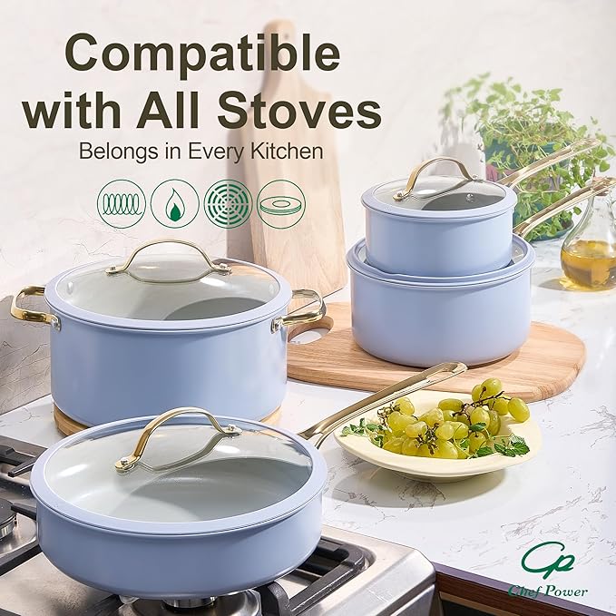 Chef Power Ceramic Cookware Sets, 15Pcs Pots and Pans Set Non Stick, Cookware Set with Stainless Steel Handle, Dishwasher & Oven Safe, Blue Gray and Granite Grey