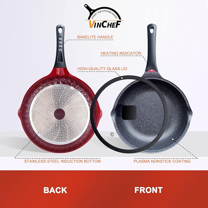 Vinchef 11Inch/5QT Nonstick Skillet, Red | deep nonstick skillet with lid & heat indicator. Anti-scratch, anti-stain, induction-compatible ideal for sautéing frying