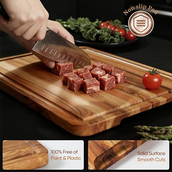 4 Pack Teak Cutting Board Set for Kitchen Wood Cutting Board Heavy Duty Non Toxic Non Slip Solid Thick Wooden Chopping Board