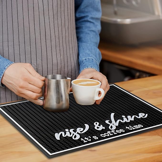 New Mungo Coffee Bar Mat – “Rise & Shine It’s Coffee Time” – Spill-Proof PVC Coffee Station Mat, Non-Slip Countertop Protector 18"x12"