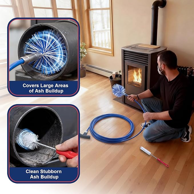 Dreyoo Pellet Stove Cleaning Brush Kit, 20 FT Flexible Steel Rod with 3" Brush Head, T Handle, Multi Purpose Flue Detail Cleaner, Nylon Stove Flue Pipe Kit for Pellet Furnace Exhaust Pipes