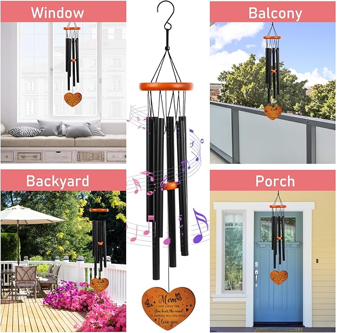 Mom Gifts Wind Chimes for Outside – Wind Chimes with Engraved Wooden Pendant for Mother, Mothers Day Birthday for Mom from Daughter Son, Garden Patio Hanging Keepsake Decor
