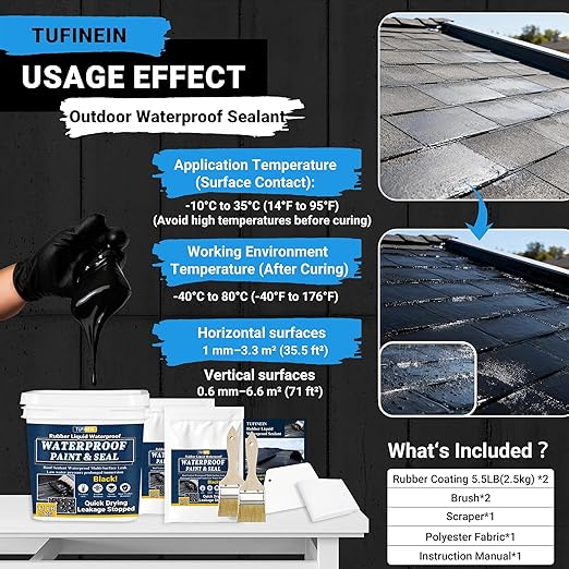 Rubber Liquid Waterproof Sealant, TUFINEIN 11 LB/5 KG Black Quick Drying Multi Surface Foundation Leak Repair - Roof Gutters Basement Sealer Waterproof - Indoor & Outdoor Flexible Rubber Paint
