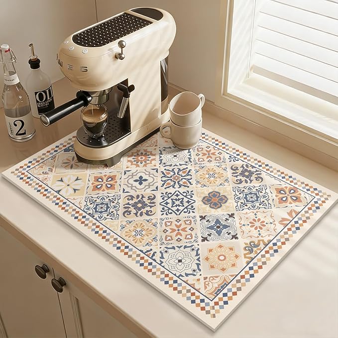 Bohemian Coffee Mat Super Absorbent Non-slip Dish Drying Mat for Housewarming Gifts Home Decor (Whimsical Boho A)